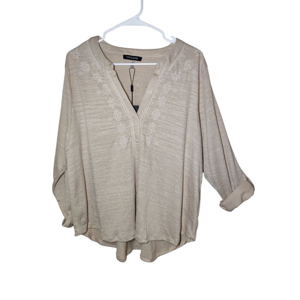 Cable & Gauge Pinkish-Beige Roll-Tab Sleeve V-Neck Boho High-Low Hem Knit Top 2X